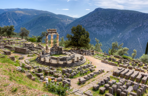 View of the Tholos at the sanctuary of Athena Pronaia, Delphi, Phocis, Greece