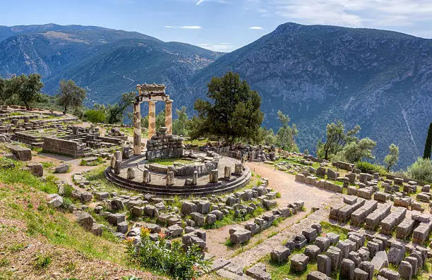 View of the Tholos at the sanctuary of Athena Pronaia, Delphi, Phocis, Greece