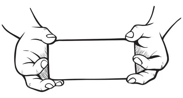 Vector illustration of Male hands holding rectangular empty blank sheet black line engraved vector illustration