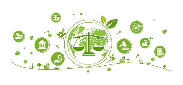 istock Green rights and law or environment law for better living with eco friendly and sustainable future. Green environment template with isolated icons. Modern flat infographic, vector illustration. 1571185706