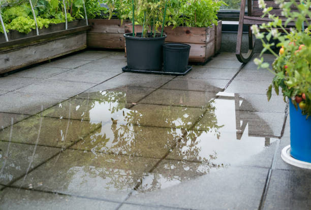 Patio drain clogged and flooded after heavy rain. stock photo