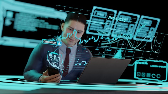 3d rendering businessman working on digital technology business room. HUD digital graphic motion technology.