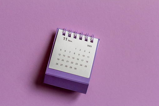 Tear-off calendar for November 2023. Desktop calendar for planning, assigning, organizing and managing each date