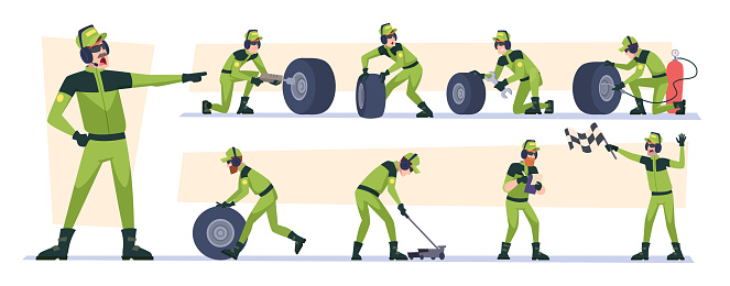 Changing tire. Sport mechanic crew at pit stop exact vector racing sport. Illustration of pit stop mechanic, vehicle maintenance, sport auto