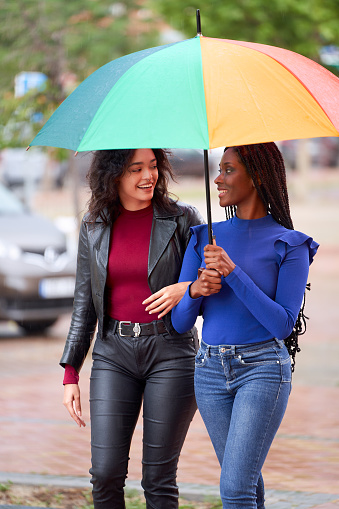 Two female friends enjoying time together while walking outdoors with an umbrella in a rainy day. Friendship concept.