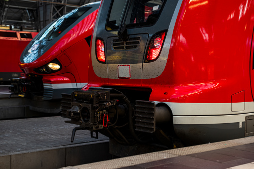 Train on railway platform. Frankfurt, Germany.
