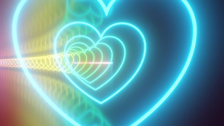 Inside Beautiful Rainbow Heart Neon Glowing Endless Reflection Tunnel - 4K Seamless VJ Loop Motion Background Animation