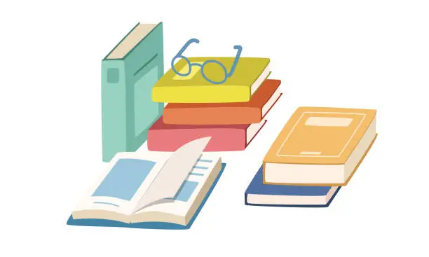 Vector illustration of Stack of books clipart. Set of book stack with different colors with a glasses flat vector illustration cartoon style hand drawn. Students, classroom, reading, school supplies, back to school concept