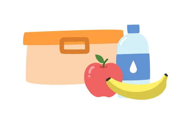 Vector illustration of School lunchbox clipart. Simple lunchbox with water bottle, apple, banana flat vector illustration clipart cartoon style, hand drawn doodle. Students, classroom, back to school concept
