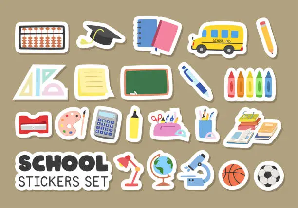 Vector illustration of School supplies stickers vector set. Soroban, notebooks, sticky note, pencil case, textbooks, chalkboard flat vector illustration cartoon style clipart. Students, classroom, back to school concept