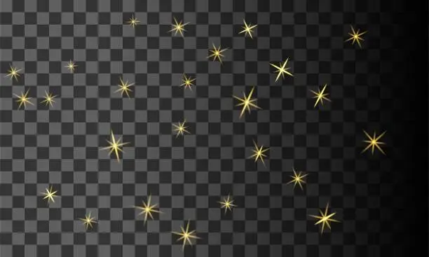 Vector illustration of Gold stars, sparkles, shimmer on transparent background, festive shiny background, wallpaper, for Christmas and New Year, vector illustration in eps10 format