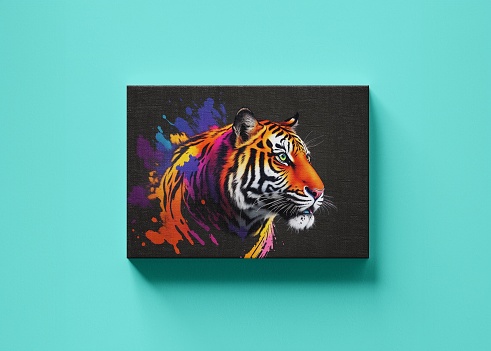 A 3D rendering of a canvas with a tiger painted on it