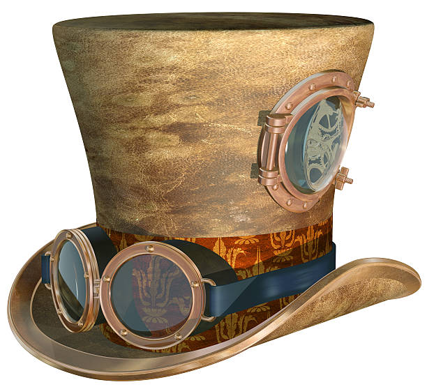 Steampunk Hat and Goggles Isolated illustration of a steampunk top hat and brass goggles steampunk top hat with goggles stock pictures, royalty-free photos & images