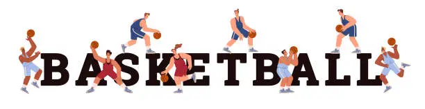 Vector illustration of Cartoon capital big letters basketball and players on them vector banner, basketball player with ball in different poses