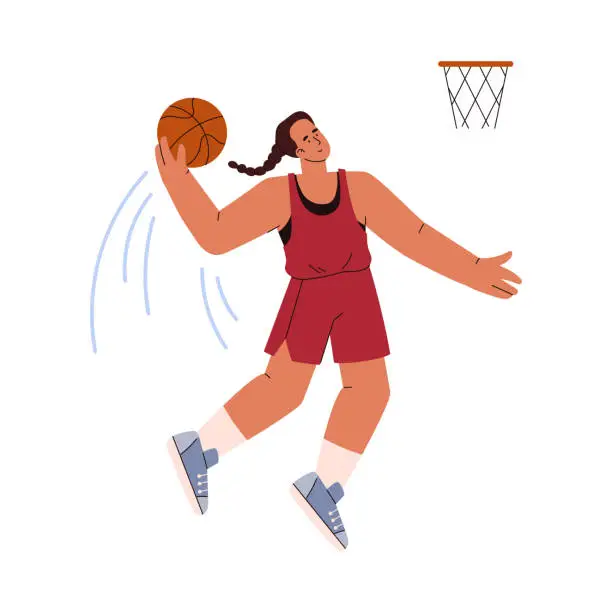 Vector illustration of Jumping girl throwing ball into basket flat style, vector illustration