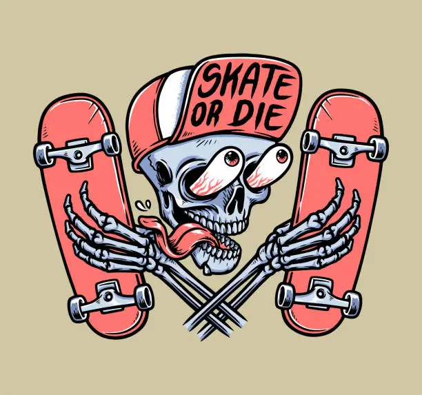Vector illustration of skull is holding a skateboard