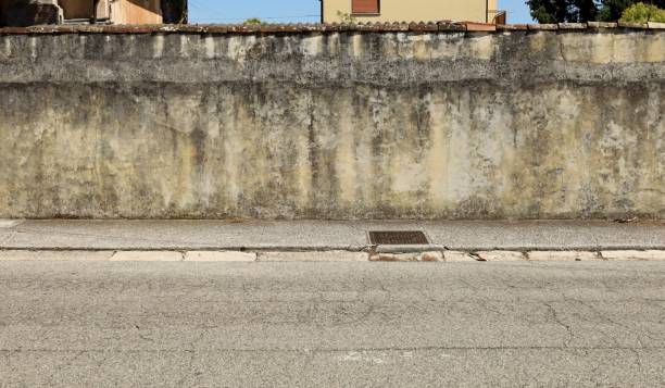 istock Weathered plaster wall with moss and stains. Sidewalk and asphalt road in front. 1571380639