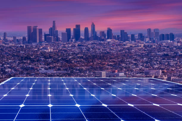 istock Solar panel over city, solar power green energy for life concept 1571387578
