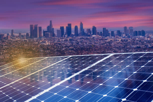 istock Solar panel over city, solar power green energy for life concept 1571389229