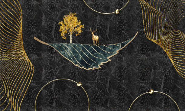 istock 3d mural illustration abstract wallpaper. golden wavy lines, tree, circles, deer and leaf on black marble background 1571414858