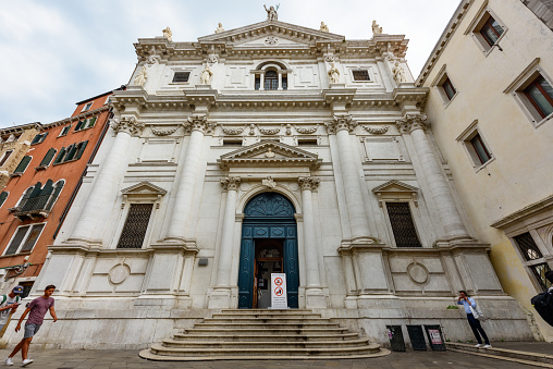 Venice, Italy - June 30, 2023: Medieval Chiesa di San Salvatore on the Campo San Salvador, Venice, Italy