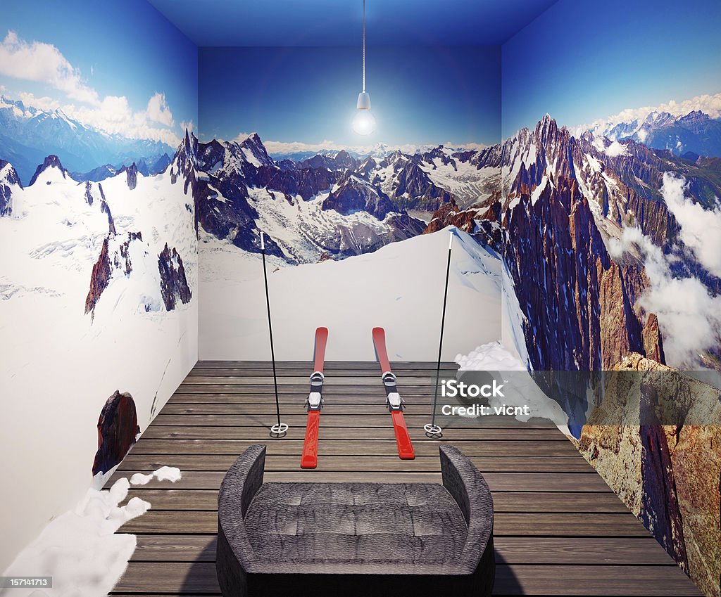 armchair and  ski armchair, ski and three walls with alps photo (illustrated concept) Skiing Stock Photo