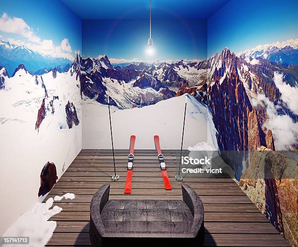Armchair And Ski Stock Photo - Download Image Now - Skiing, Ski, Living Room