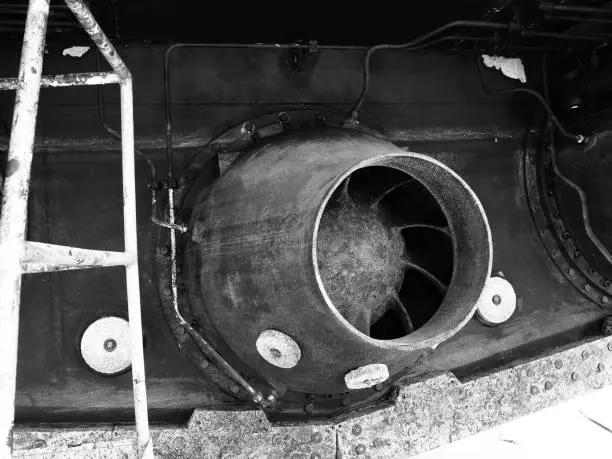 A black and white shot of a Rolls Royce Kamewa Waterjet nozzle.