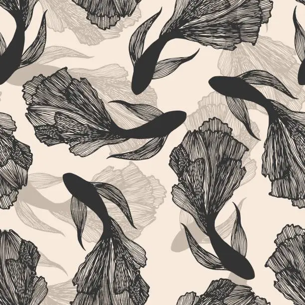 Vector illustration of Seamless pattern with hand drawn fishes in sketch style.