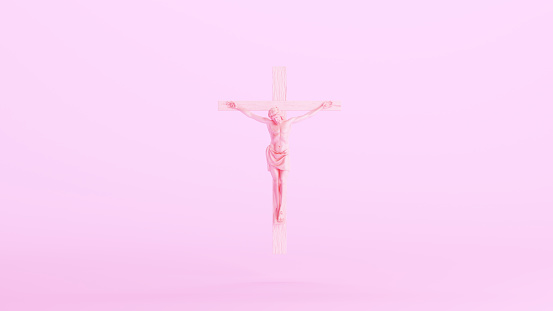 Pink Jesus Christ crucifixion cross holy faith easter Icon king of the jews kitsch pink background 3d illustration render digital rendering
