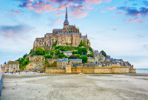 Mont Saint-Michel monastery at sunset, France
