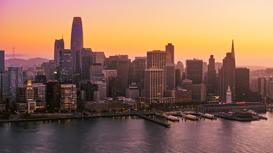 Aerial view of waterfront of Financial District during dusk, San Francisco, California, USA.