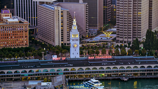 Aerial view of San Francisco Ferry Building on waterfront in San Francisco, California, USA.