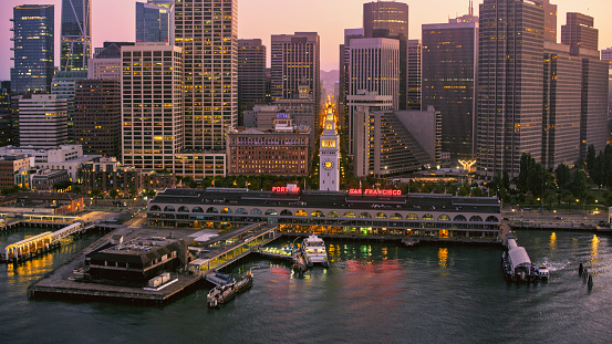 Aerial view of San Francisco Ferry Building on waterfront in San Francisco, California, USA.