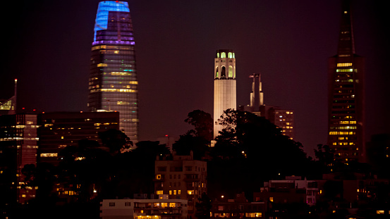 Aerial view of Coit Tower on Telegraph Hill at night, San Francisco, California, USA.