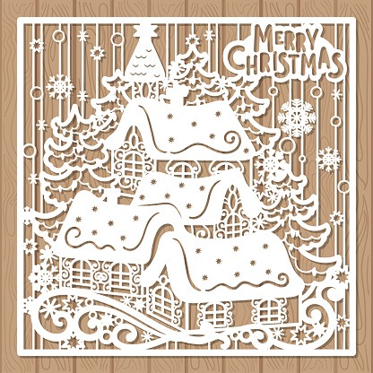 Merry Christmas. Winter landscape with houses, Christmas trees and snowflakes. Template for laser cutting of paper, cardboard, wood, metal. For the design of Christmas and New Year cards, invitations, interior decorations, stickers, stencils, stamps. Square composition. Vector