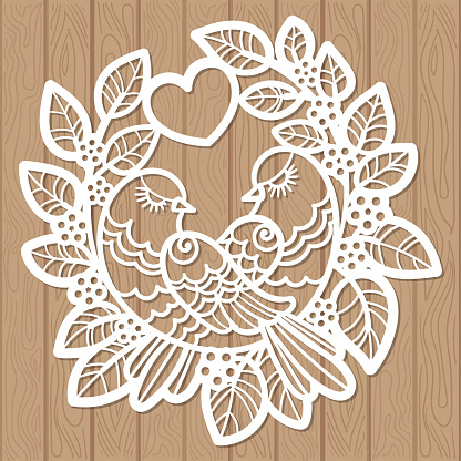 Love birds sit among the branches with a heart. Template for laser cutting of paper, cardboard, wood, metal. For Valentine's Day design, wedding cards, invitations, stickers, stencils, silk screen printing, etc. Vector