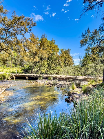 A bridge over a tranquil river surrounded by lush greenery. Emmaville, Australia.