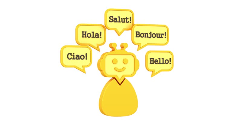 Seamless loop. Сhatbot says hello in different world languages. Alpha channel  Including.