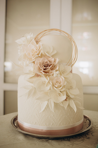 Beautiful wedding cake, close up of cake and blur background, selective focus