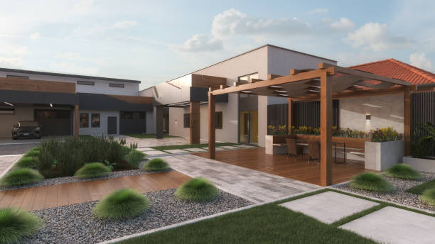 Courtyard. Garden. Exterior design. Architectural Visualization. 3D Render.  Stock Photo