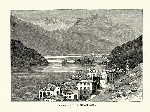 Vintage illustration of Camper and Silvaplana, Graubünden, Engadin in the Swiss Alps, 19th Century.  A love story of the Engadin, Lieut-Colonel Harcourt