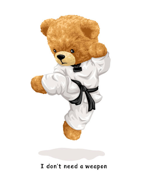 점프 킥을 하는 가라테 유니폼을 입은 손으로 그린 테디베어의 벡터 삽화 - karate belt martial arts judo stock illustrations