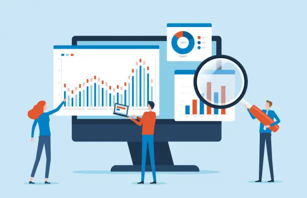Vector illustration of flat vector business people working for data analytics and monitoring on web report dashboard monitor and business finance investment design concept