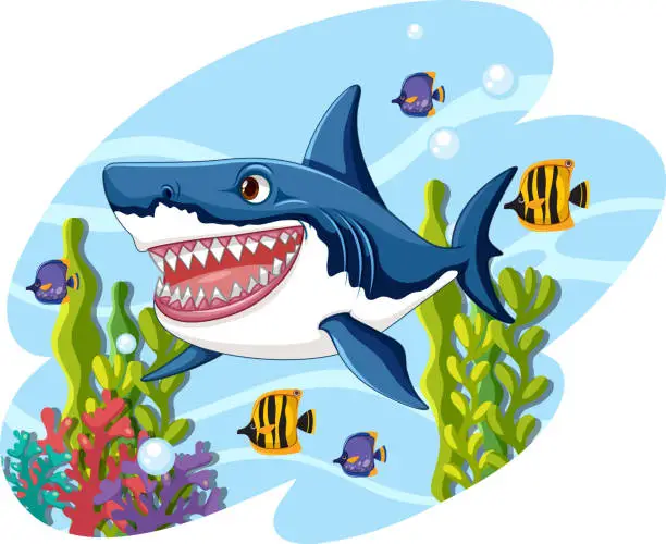Vector illustration of A great white shark with big teeth smiling and swimming underwater with coral and other fish in a vector cartoon illustration style