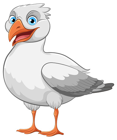 A cartoon illustration of a seagull standing alone on a white background