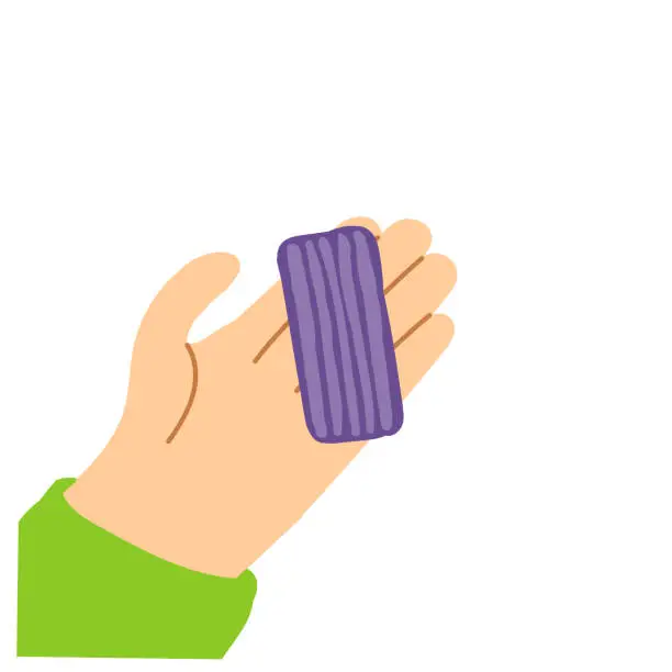Vector illustration of The hand holds a piece of purple plasticine