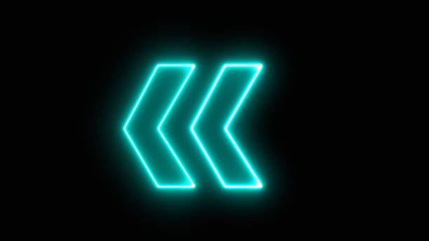 istock Bright blue arrow for evacuation direction illuminated indoors. neon left direction in the night. Flashing direction indicators. 1571575884