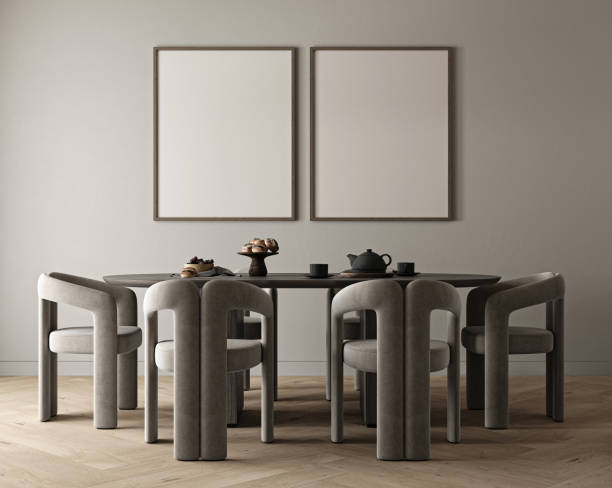 istock Mockup two posters in modern diningroom interior design with gray empty wall, large table and served. Modern kitchen front view. 3d rendering. High quality 3d illustration 1571584164