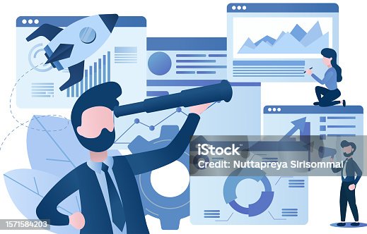 istock Businessman looking through binoculars through multiple windows collecting information about business. 1571584203